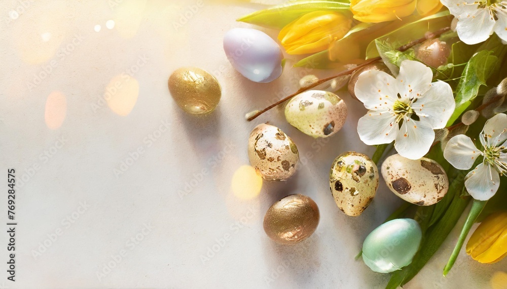beautiful easter banner with spring flowers and colorful quail eggs over white background springtime and easter holiday concept with copy space top view