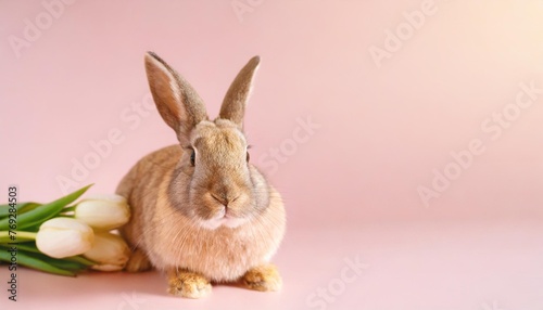cute easter rabbit sitting on pink background with empty space for text or product currious small bunny symbol of spring and easter