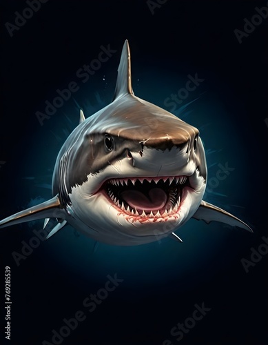 Shark with an open mouth showing sharp teeth  dark ocean background