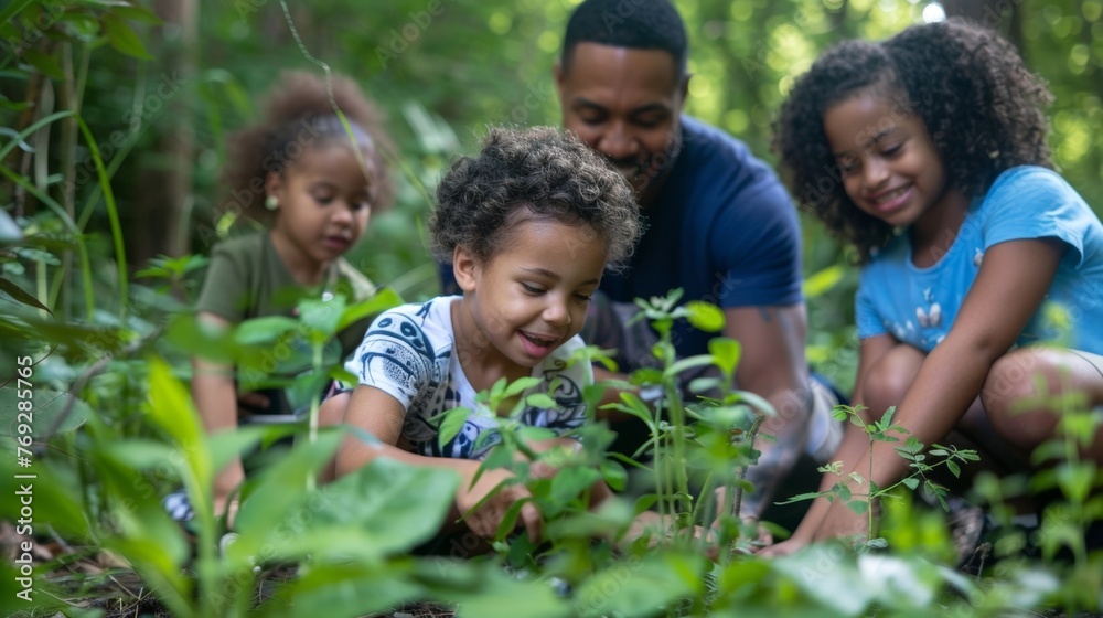 Two young children crouch in a clearing examining different types of bugs and plants while parents look on with proud smiles. . . Two young children crouch in a clearing examining different types of bugs and plants while parents look on with proud smiles. . .