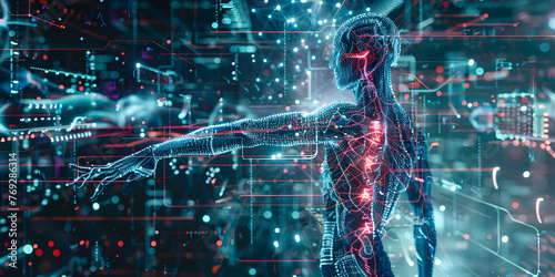 Conceptual human body over a blue background with holographic images 
