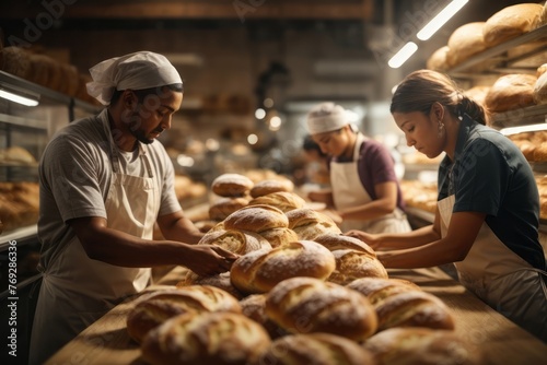 baker arranges fresh baked bread in bakery