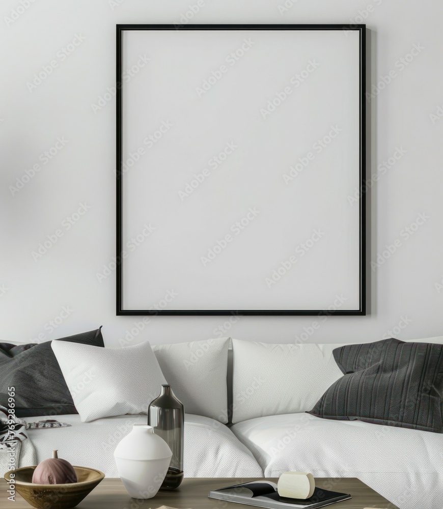 Minimalist luxury rectangle frame, slim black border with a matte finish, positioned centrally on a white canvas - obrazy, fototapety, plakaty 