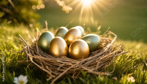 colored easter eggs in a nest on a green background