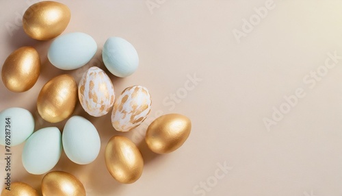 overhead easter eggs isolated on pastel background with copy space funny decoration happy easter day greeting card creative composition banner web design holiday background flat lay top view