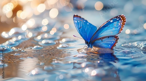 Digital blue butterfly on the surface of crystal transparent water fantasy scene abstract graphic poster web page PPT background © jinzhen
