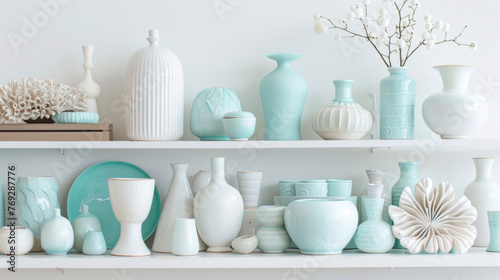 A simple yet stunning gallery display of white ceramic objects with one standout piece in a bright turquoise hue. . .