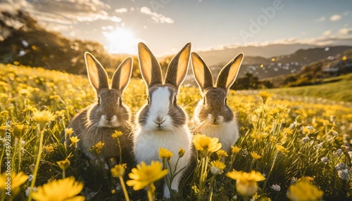 three animated easter rabbits with expressive faces surrounded by vibrant yellow flowers in a sunny spring meadow photo