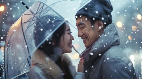 Man and woman enjoy relationship and happiness together in the rain in winter, romantic Asian couple love each other under umbrella on rainy day.
