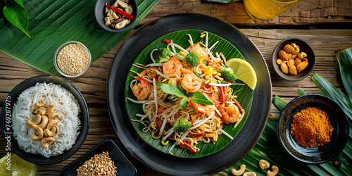 a plate of Thai pad thai with noodles, shrimp and vegetables on top of green leaves, generative AI photo