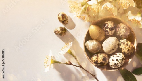 banner of easter quail eggs flowers over white background spring holidays concept with copy space top view