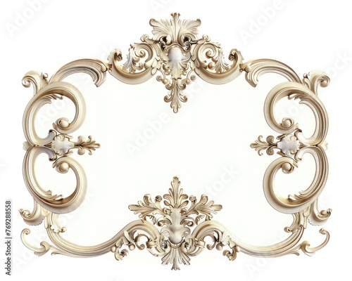 Ornate vintage rectangle frame, baroque details in soft gold, luxury against white