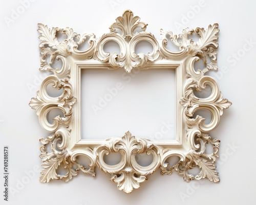 Ornate vintage rectangle frame, baroque details in soft gold, luxury against white