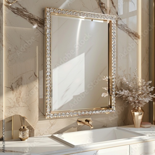 Modern rectangle frame with diamond encrustations, luxury redefined on a white canvas photo