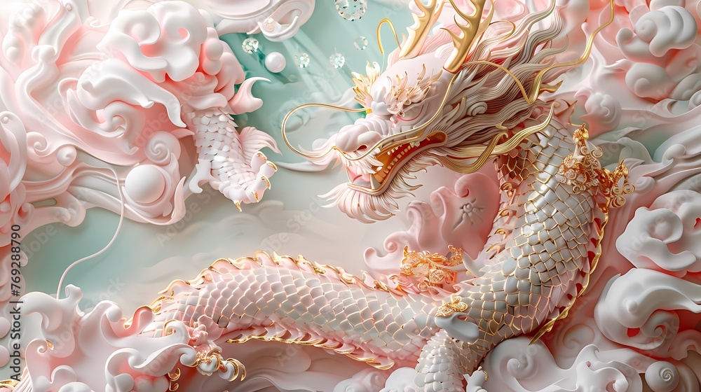 Chinese dragon on clouds with gold ornament and jewels poster background Chinese dragon on clouds with gold ornament and jewels poster background