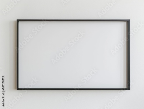 Minimalist luxury rectangle frame, slim black border with a matte finish, positioned centrally on a white canvas