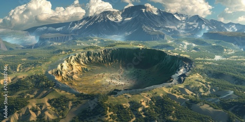 A serene mountain range is suddenly interrupted by a monstrous crater indicating the ferocity of a meteorites collision. photo
