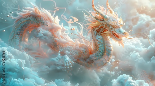 Chinese dragon on clouds with gold ornament and jewels poster background