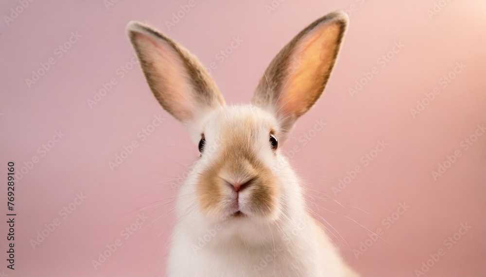 portrait of a white cute rabbit with surprised expression on a pink background surprised looking rabbit