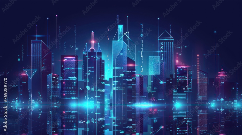 City skyline with neon lights, futuristic buildings. Skyscraper futuristic city.