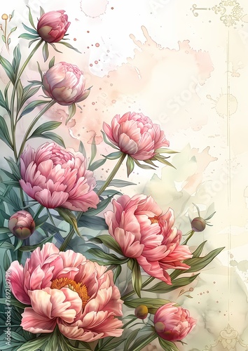 Vintage pink peony botanical pattern frame or border on ivory white background, illustration for background, wallpaper, invitation and greeting card