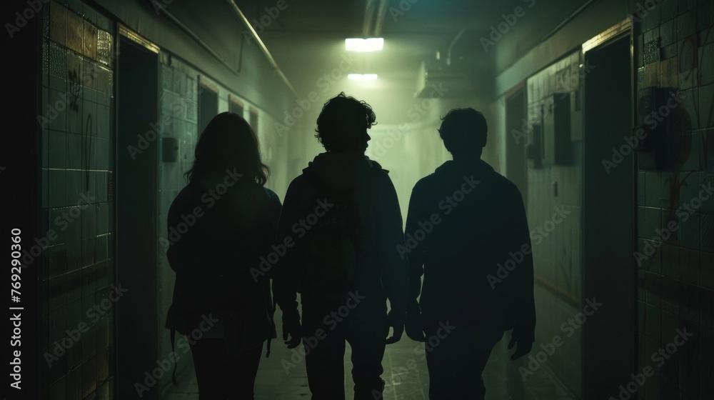 A team of three individuals backs to the camera are walking towards a door marked Authorized Personnel Only. The dimly lit hallway . . A team of three individuals backs to the camera are walking towards a door marked Authorized Personnel Only. The dimly lit hallway . .