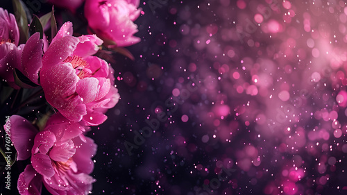 peonies with glitter bokeh background. Copy space. 