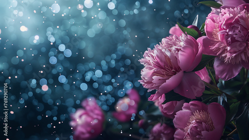 peonies with glitter bokeh background. Copy space. 