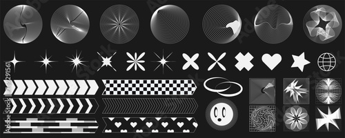 Retro futuristic elements for design. Collection of abstract graphic geometric symbols and objects in y2k style. Templates for pomters, banners, stickers, business cards