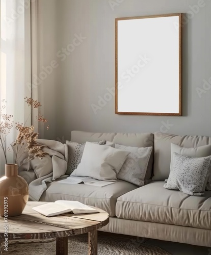 Frame Mockup Set in a Living Room Interior Background with Grey Sofa, Table, and Decor, Scandinavian Style. Presented in 3D Render. Made with Generative AI Technology