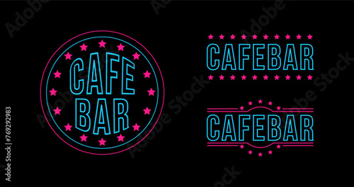 Set of vivid neon restaurant bar cafe logo on black background