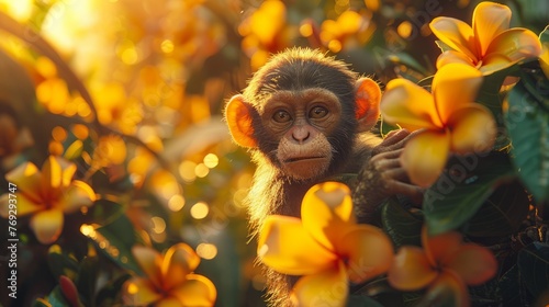 A young primate sits in a tree surrounded by colorful flowers photo