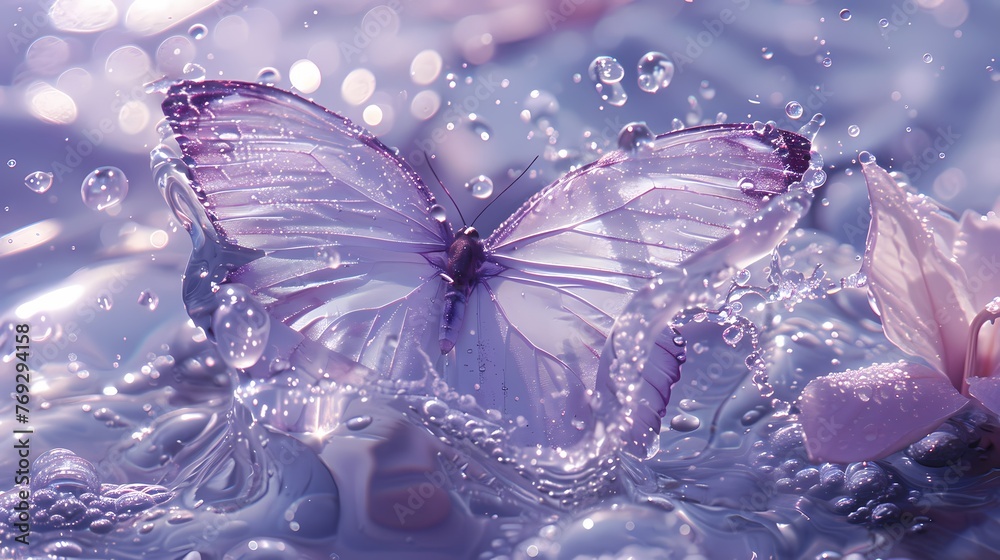Fototapeta premium Digital purple silver butterflies and water metallic print fantasy scene abstract graphic poster web page PPT background