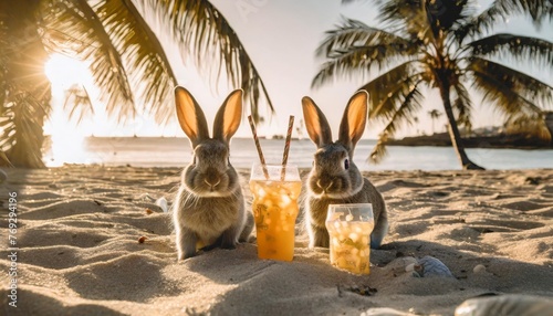 easter bunnies on vacation with cold drinks on the sand beach with palm trees travel agency advertisement