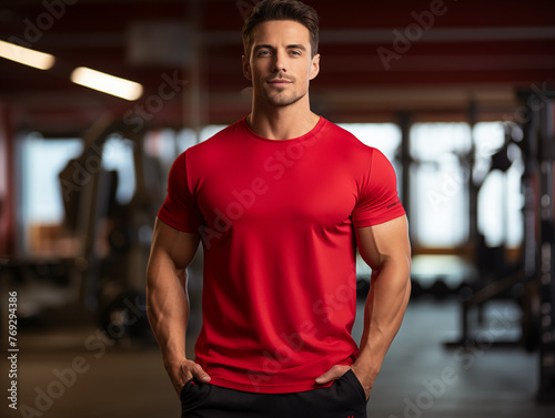 Fitness enthusiast in a vibrant gym wearing Bella Canvas apparel.