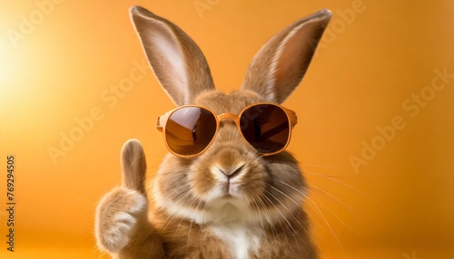 funny easter animal pet easter bunny rabbit with sunglasses giving thumb up isolated on orange background