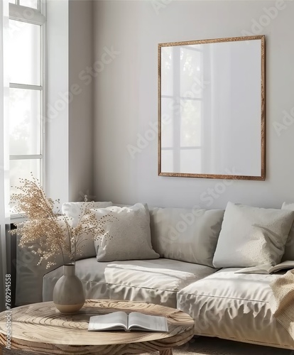 Frame Mockup Set in a Living Room Interior Background with Grey Sofa, Table, and Decor, Scandinavian Style. Presented in 3D Render. Made with Generative AI Technology