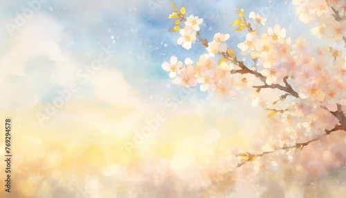spring background with the image of blue sky and cherry blossoms watercolor illustration material