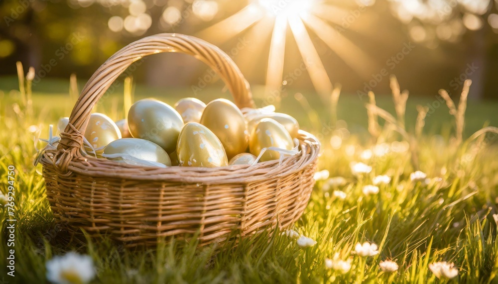 colorful easter eggs in a wicker basket on green grass on a sunny day sun rays easter background - obrazy, fototapety, plakaty 