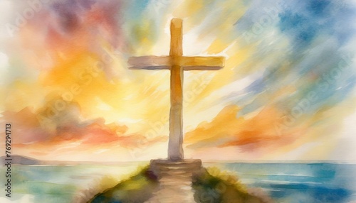 cross of jesus christ on a colorful watercolor background illustration © Jayla
