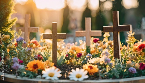 a miniature easter resurrection garden featuring wooden crosses vibrant flowers and greenery celebrating the christian festival of resurrection