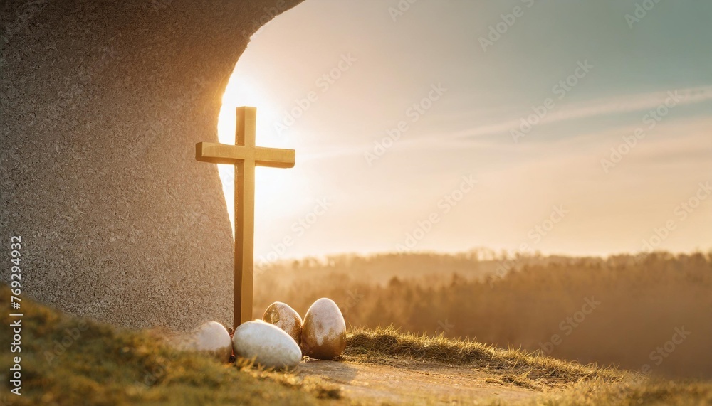 easter sunday concept tomb empty with cross on sunset background copy space - obrazy, fototapety, plakaty 