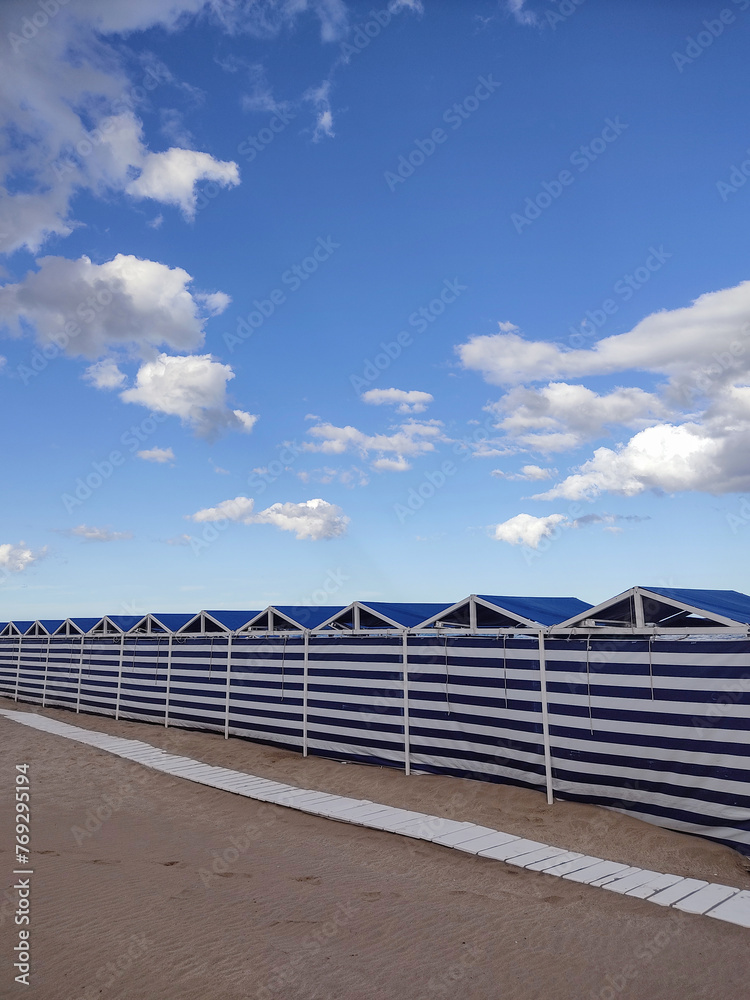 Beach tents in a tourist resort in Pinamar, Buenos Aires, Argentina.