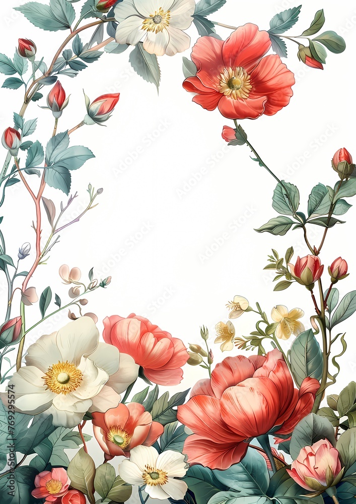 Vintage red poppy Botanicals pattern frame or border on white ...