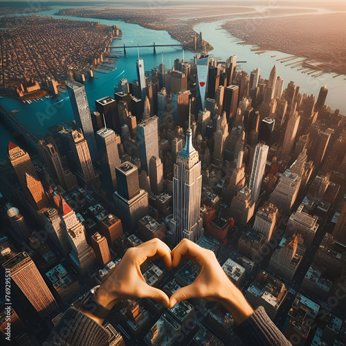 Aerial image of new york with a hand making a heart shape
