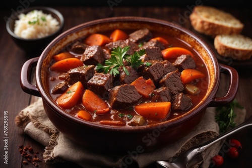 beef cooked in red sauce in kitchen pan