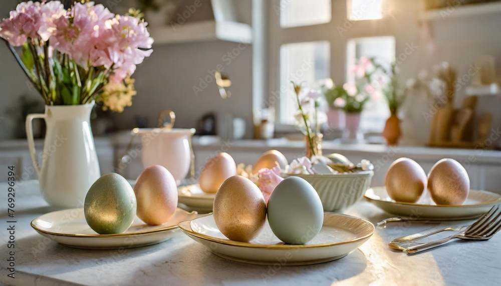 dyed easter eggs on saucers on the kitchen table with kitchen utensils and flowers