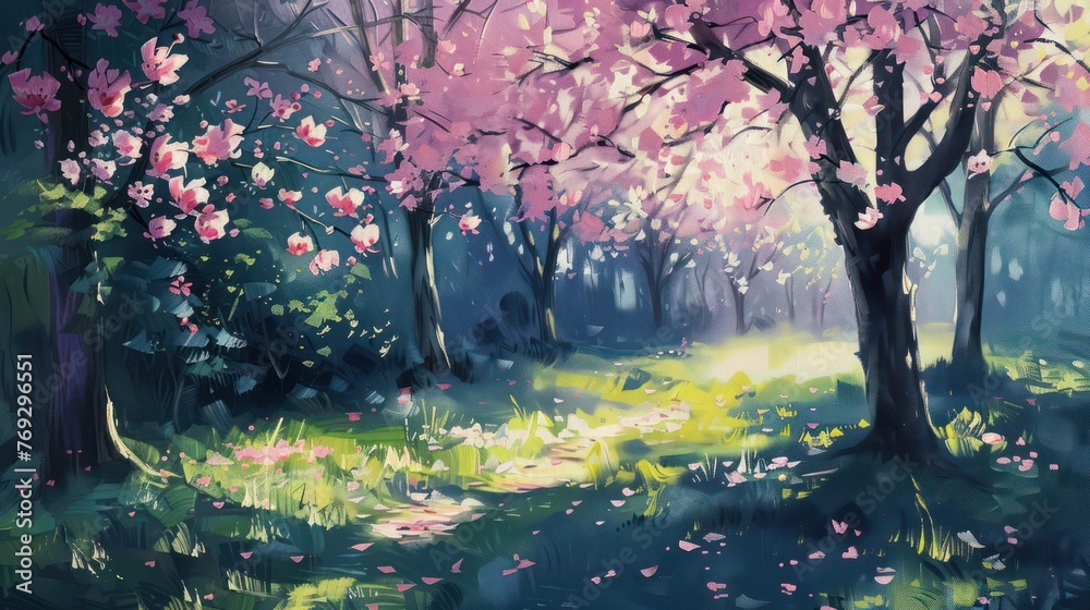 Fototapeta premium Oil painting reveals blooming flowers in the garden during spring, exhibiting rough canvas texture reminiscent of strokes from a palette knife. 