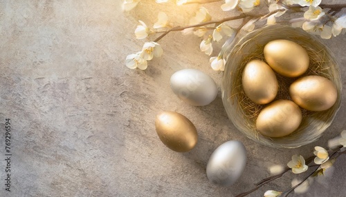 overhead view of golden easter eggs with copy space background