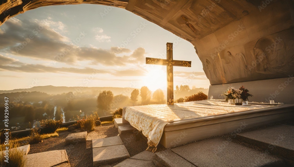 empy tomb with shroud and crucifixion at sunrise resurrection of jesus christ - obrazy, fototapety, plakaty 